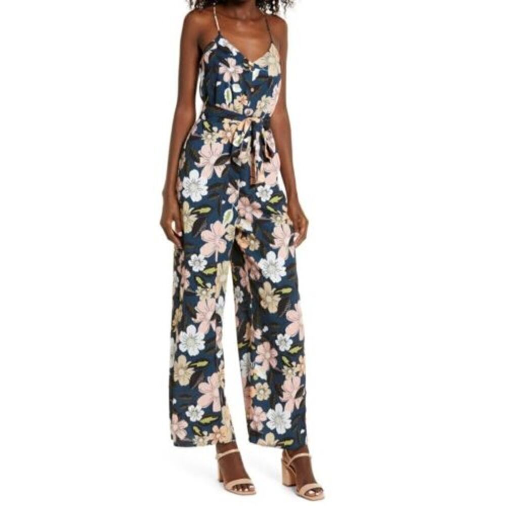 NWT Chelsea28 Floral Wide Leg Jumpsuit Teal Fall Bouquet size medium
